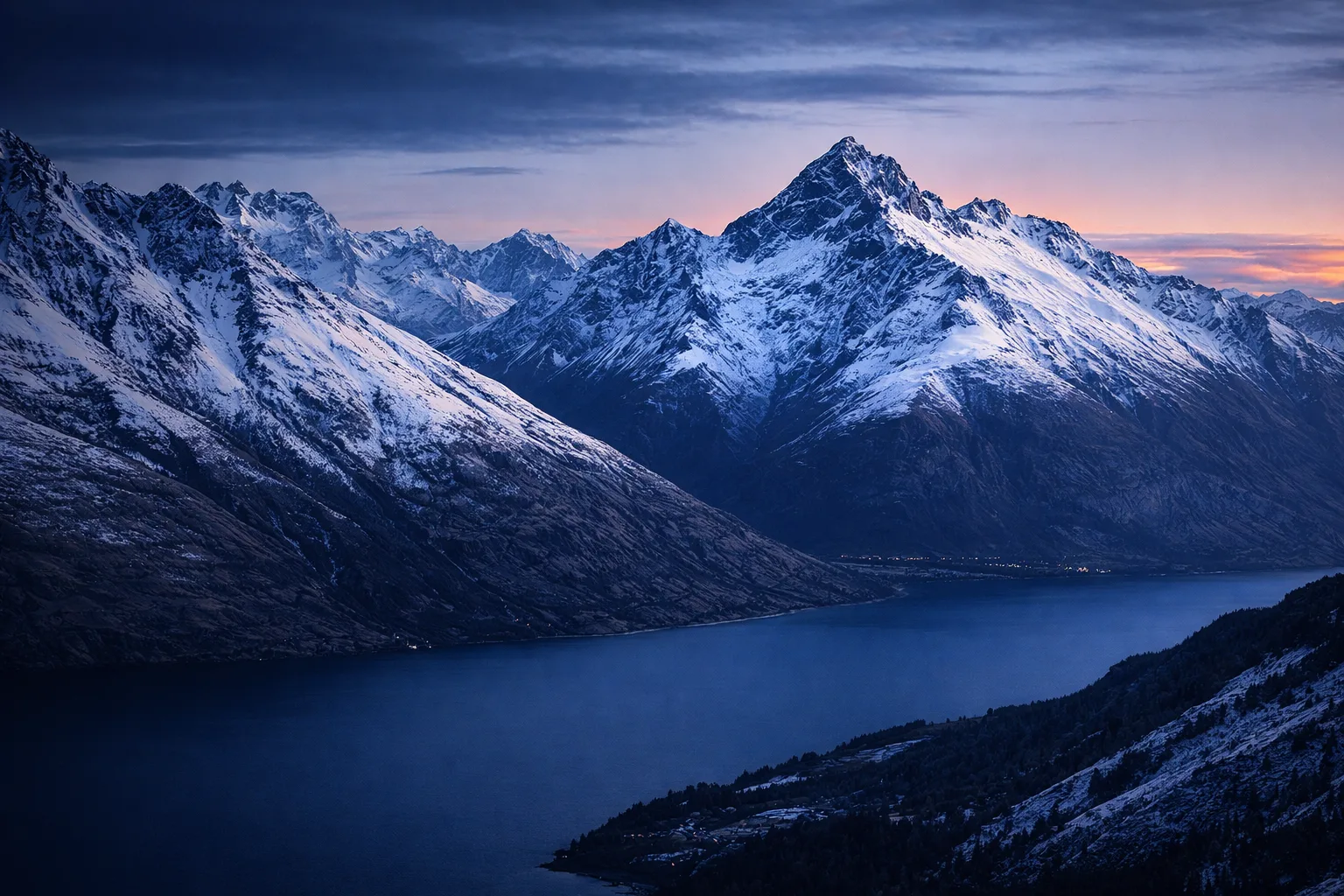 Lake Wakatipu and the Remarkables at dusk, Queenstown, New Zealand