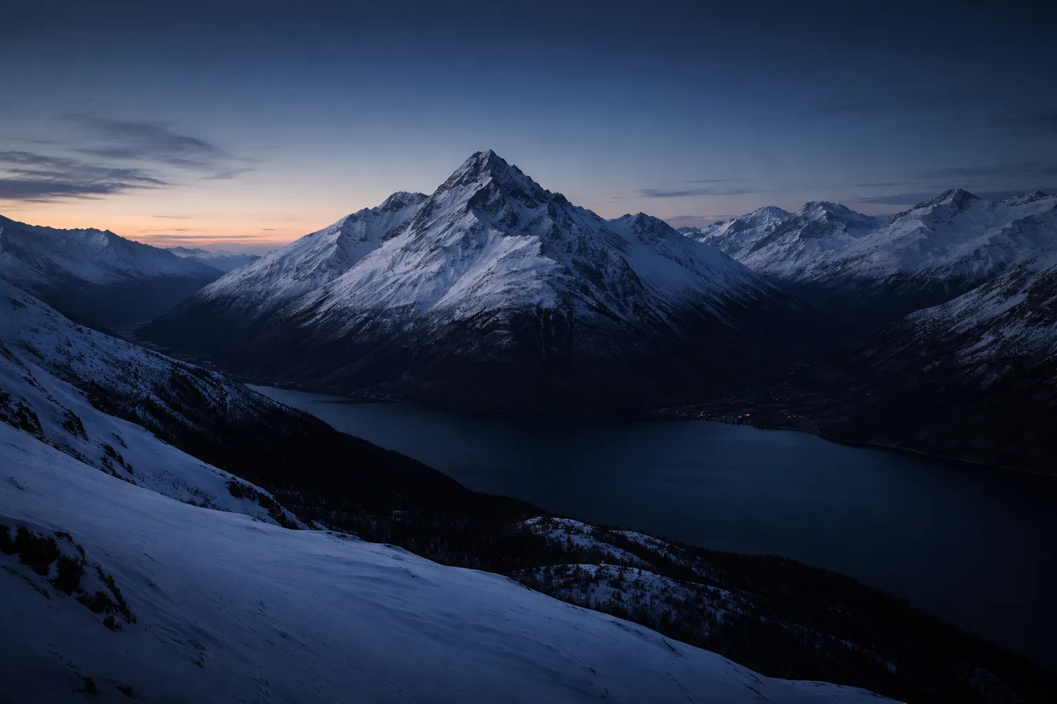 Alpine valley and fjord at dusk viewed from above