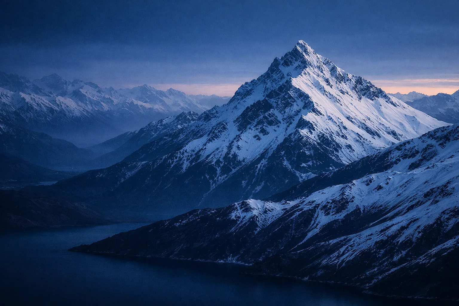 Dramatic snow-capped alpine peak at dusk