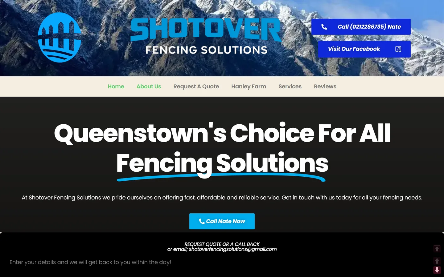The old Shotover Fencing Solutions homepage, a single scrolling page