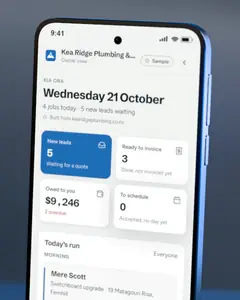 An app the live demo built for a sample plumbing business, on a phone: new leads, jobs ready to invoice and the day’s run