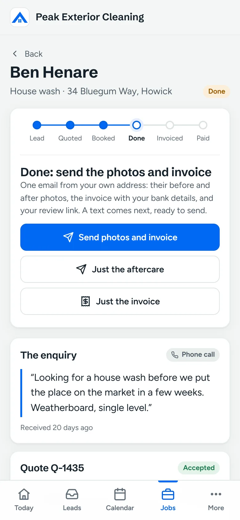 A finished job in the app, with a button that sends the photos and the invoice