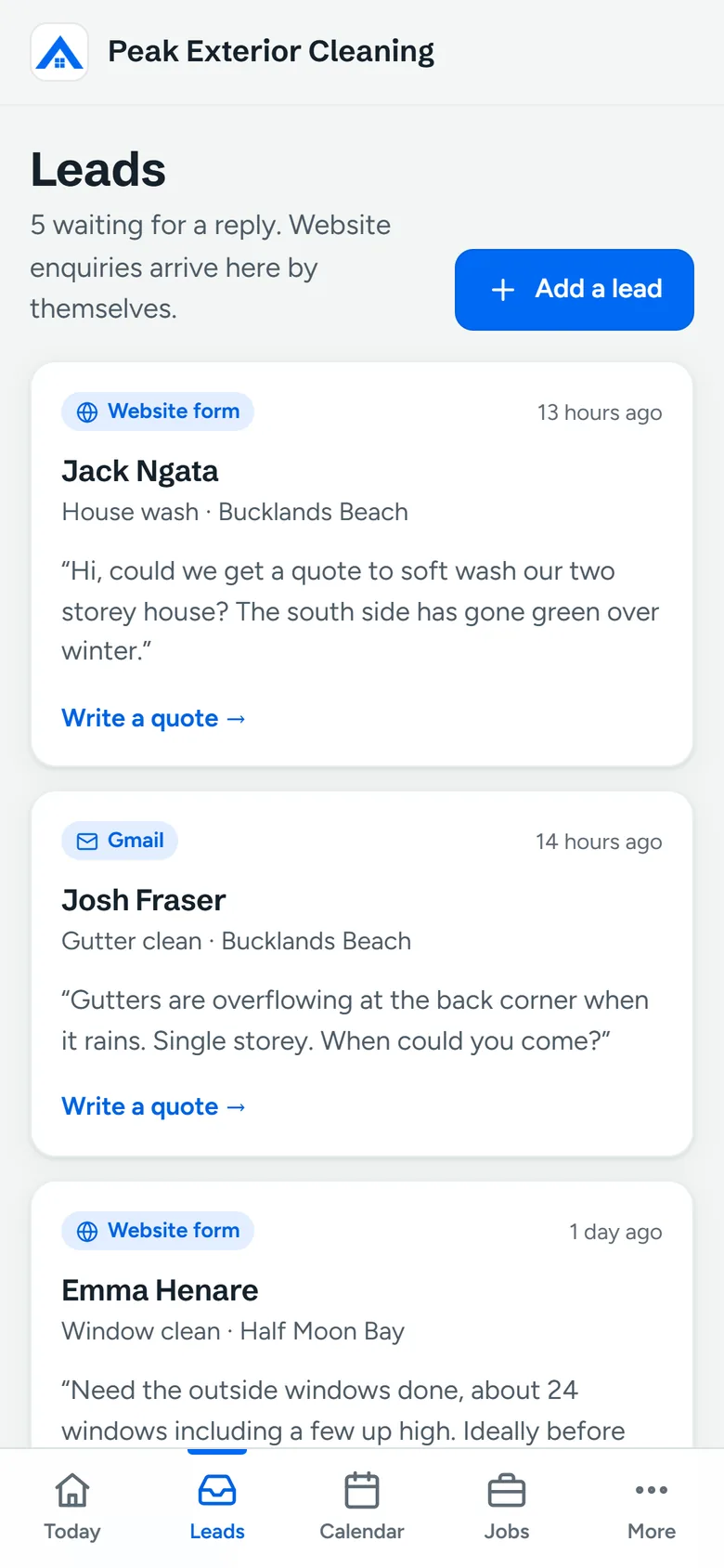 The job app’s Leads screen: enquiries marked Website form and Gmail, each with a Write a quote link