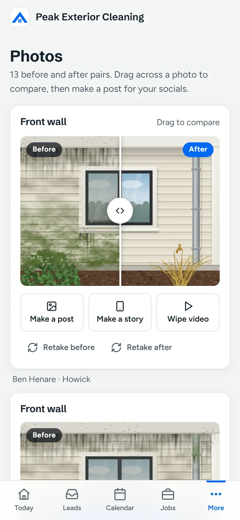 The job app’s Photos screen: a before and after pair with a slider, and buttons to make a post or a story