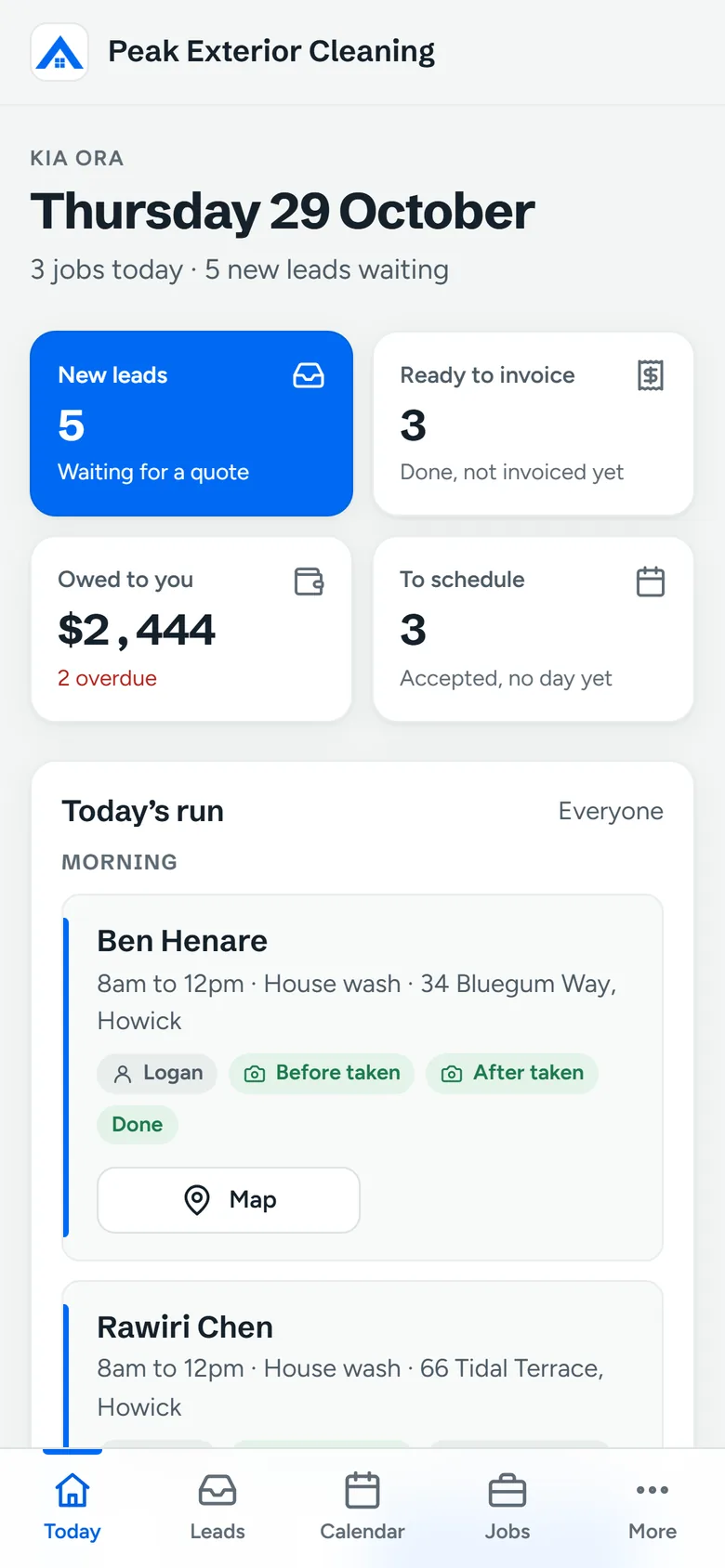 The job app’s Today screen: new leads, jobs to invoice and schedule, and the morning’s booked jobs